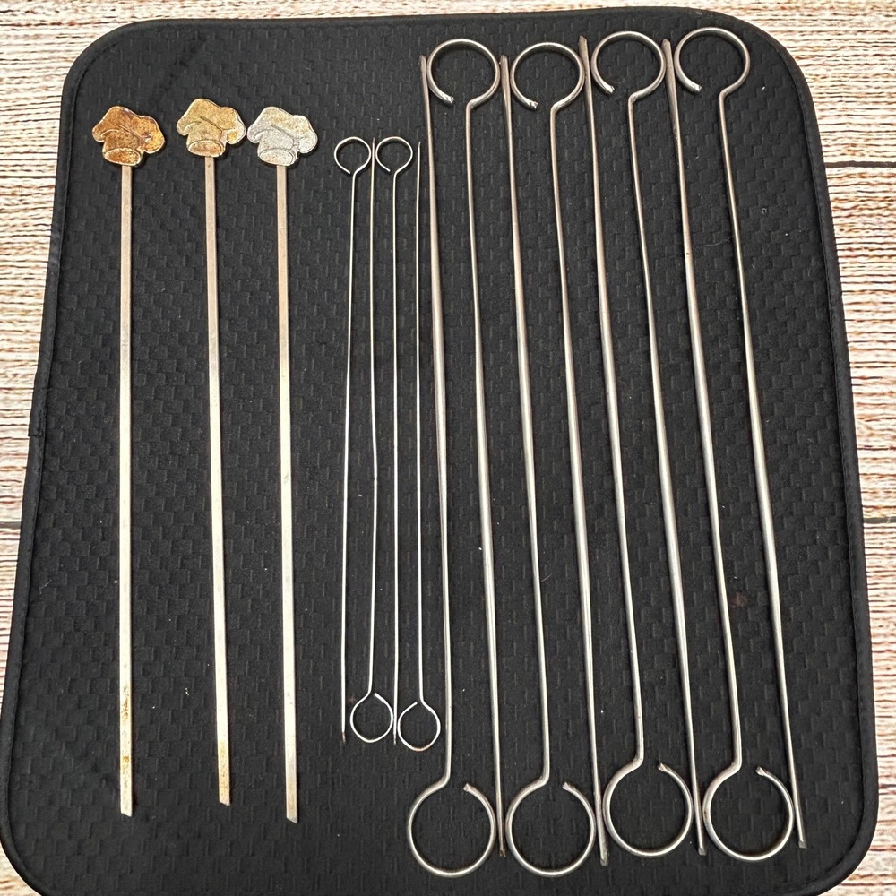 Vintage Style Metal BBQ Skewers Set of 15 Chef‎ Hat and Ring Top Mixed Sizes